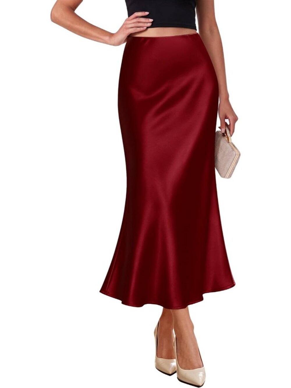 Women's Wine Red Elegant Satin High Waist Silk Bias Cut Slip Pull On Midi Skirt